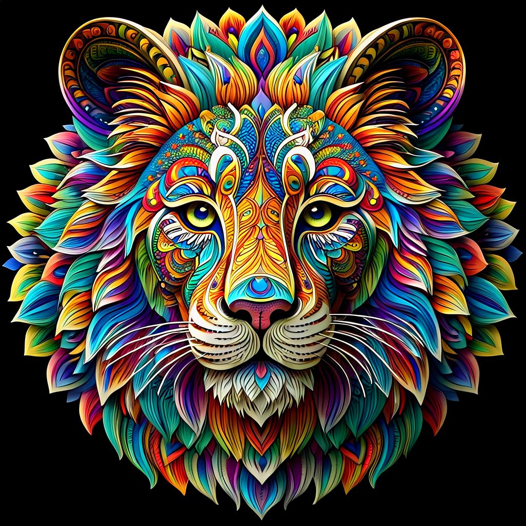 create a straight forward image of a Lions face made of intricate and complex mandala designs, extremely beautiful colors showing an aura of beauty, blend rainbow colors in an Ambre, UHD, 32K