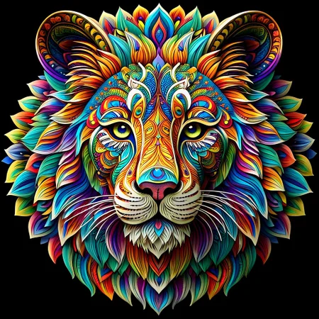 create a straight forward image of a Lions face made of intricate and complex mandala designs, extremely beautiful colors showing an aura of beauty, blend rainbow colors in an Ambre, UHD, 32K
