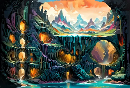 a fantasy temple sits on top of a (cross section of surreal geological biome chart with concentric layers of colourful strata forming a surreal tiered geological formation whith an colourful strata:1.1), underground tunnel network, swirling clouds, pools of water, on dark paper, by peter mohrbacher, tarmo juhola, ivan laliashvili, james gurney, moebius, roger dean vibrant, beautiful, translucent, intricate, detailed many details, extreme detailed, full of details, Wide range of colors., Dramatic, Dynamic, Cinematic, Sharp details Insane quality. Insane resolution. Insane details. Masterpiece. 32k resolution. vintagemap_f, csu, underground, cross-section, from side