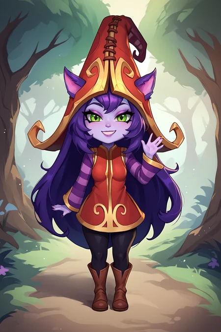 score_9, score_8_up, score_7_up, score_6_up, BREAK, LuluLoLXLv2, purple skin, colored skin, shortstack, yordle, green eyes, purple hair, long hair, sidelocks, bangs, animal ears, witch hat, ears through headwear, small breasts, red dress, purple striped sleeves, black pants, brown boots, solo, full body, standing, waving, looking at viewer, seductive smile, forest <lora:LuluLoLXLv2:1>