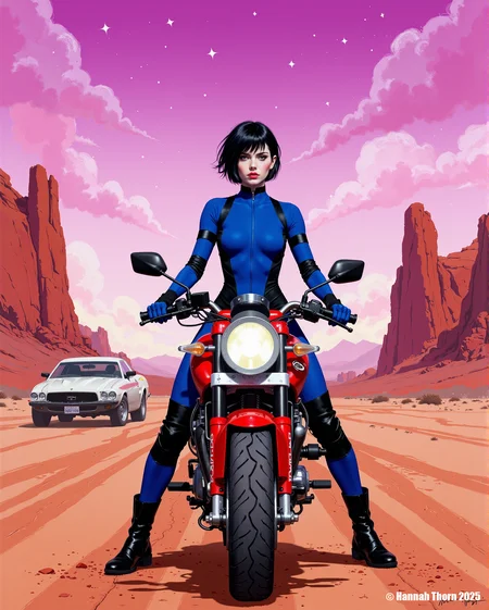 A stylized digital painting, front-camera perspective, of a young woman with short black hair and a serious expression, wearing a form-fitting blue bodysuit with black accents and black boots, perched on a vibrant red motorcycle in a desolate, Martian-like desert.  The sky is a breathtaking expanse of pink and purple, scattered with luminous stars.  A sleek, white futuristic vehicle is faintly visible in the background, dwarfed by towering red rock formations.  Emphasis on a cinematic, almost melancholic mood, with sharp details and a hyper-realistic rendering of the woman's features and the motorcycle's metallic sheen.  The overall aesthetic should evoke a blend of cyberpunk and science fiction, capturing a sense of both isolation and strength. <lora:_Flux\_Painting\Erotic Comic F.safetensors:0.7000000000000001:0.7000000000000001>