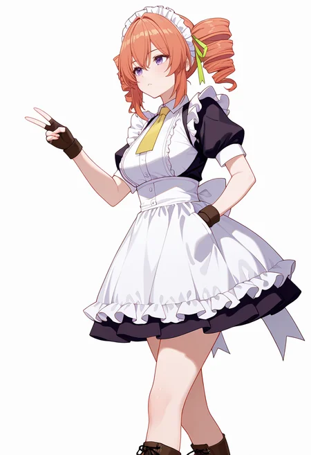 Smooth Quality,masterpiece,very intricate, high quality details, ultra realistic, high detailed skin,detailed enviorement,absurdres,
v,
 <lora:Gertrude_Rainsworth_CNR_r2:0.8> gertrude_cnr, 1girl, orange hair, twin drills, purple eyes, hair between eyes, medium breasts,black dress, maid apron, frilled apron, puffy short sleeves,fingerless gloves, cross-laced footwear, yellow necktie, green ribbon,maid headdress, hair ribbon,, simple background, white background, from side,
walking, one hand in pocket, looking aside, casual, confident,  ,, :<,