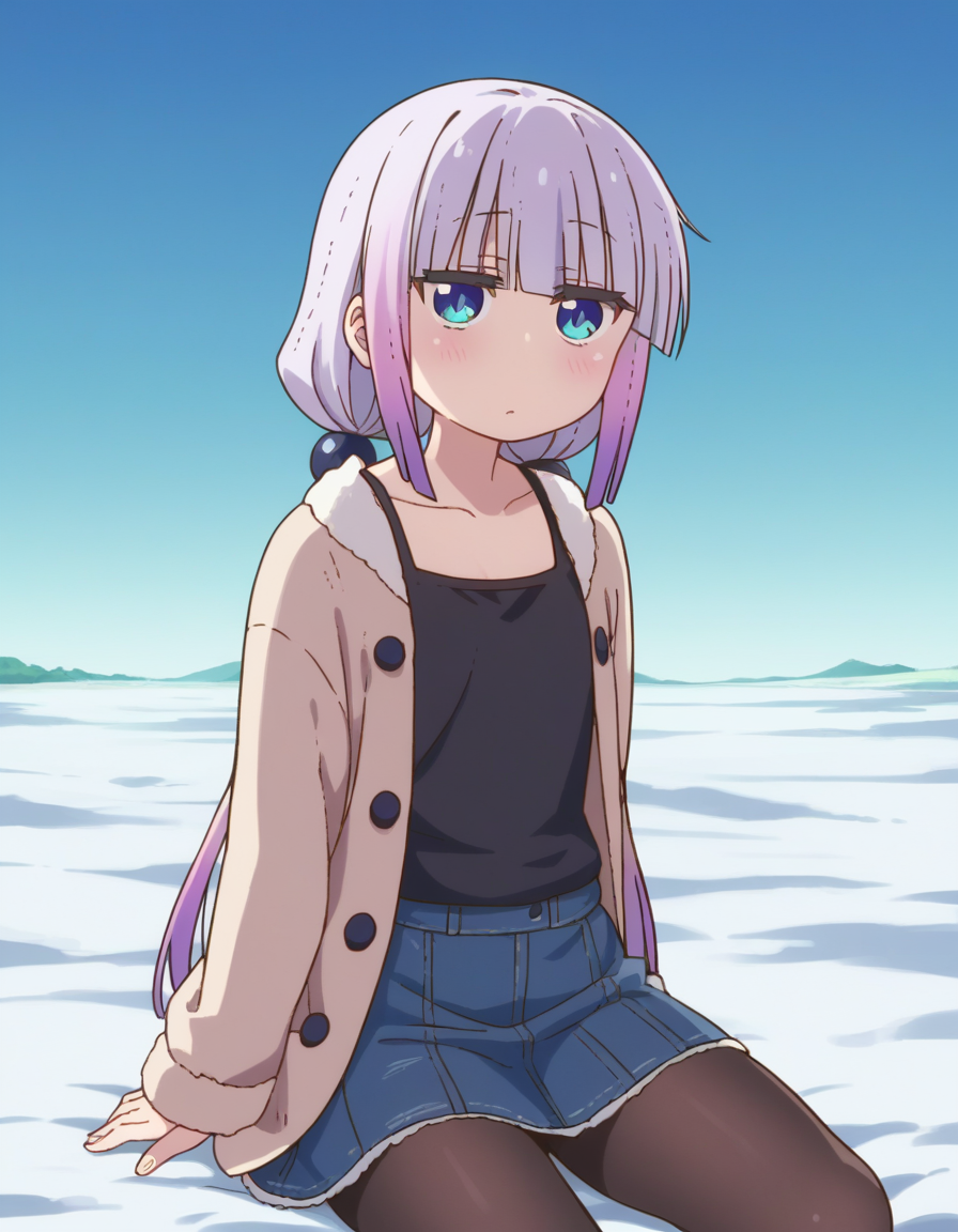 zPDXL, score_9, score_8_up, score_7_up, source_anime, (portrait),  <lora:KobayashiDragonPack:1> drgmd, 1girl, solo,
kanna kamui, petite, plump, purple hair, long hair, low twintails, blue eyes, flat chest , denim-skirt, (pantyhose), winter-coat, black-camisole, winter-boots, distracted, aloof, oblivious, thigh straddling,