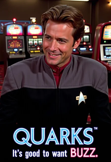 A movie poster for a space casino. A handsome smiling male science officer wears a black DS9 uniform with gray shoulders and red collar. He looks down onto a room filled with slot machines and dabo tables.
The movie title in bold letters: "Quarks"
A the bottom of the image a banner text is displayed in bold futuristic letters: "It's good to want BUZZ."
