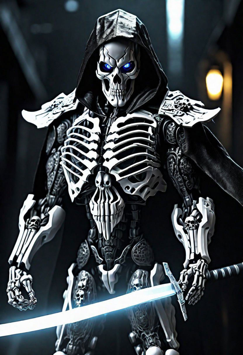 (masterpiece:1.2), best quality, high resolution, perfect lighting, extremely detailed, (Terminator assasin),  battle scared white and black carbon armor,  Wearing a dark cloak with hood, skull face just visable under hood, full_armor, humanoid, Metal Human skull head, (extreme detailed micro mechcanical scary Metal human skull design). Samurai sword shinning silver, Runes decorative embossments over his cloak, slim muscular body fast agile and stealthy, background a dark back street with subtle lighting and shadows, facing viewer, solo,