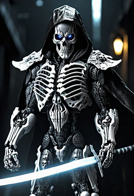 (masterpiece:1.2), best quality, high resolution, perfect lighting, extremely detailed, (Terminator assasin), battle scared white and black carbon armor, Wearing a dark cloak with hood, skull face just visable under hood, full_armor, humanoid, Metal Human skull head, (extreme detailed micro mechcanical scary Metal human skull design). Samurai sword shinning silver, Runes decorative embossments over his cloak, slim muscular body fast agile and stealthy, background a dark back street with subtle lighting and shadows, facing viewer, solo,