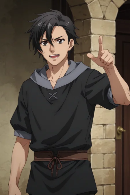 score_9, score_8_up, score_7_up, source_anime, rating_safe, , (realistic:0.6), , depth of field, 1boy, solo, male focus, , , <lora:kelvin:0.82>, kelvin celsius,black hair,black eyes,side swept,short hair,reaching,medieval shirts,medieval tunic,black pants,hood,teeth,open mouth,confident expression,hand thumbs up,indoor,facing viewer , , ,<lora:sdxl_lightning_8step_lora_315544:1>
