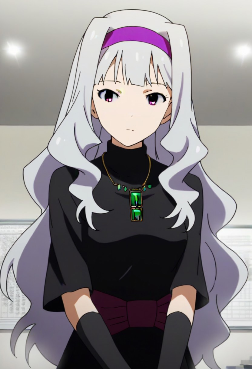 source_anime, uncensored, nsfw, <lora:Takane_Shijou_The_iDOLMSTER_2011_anime_art_style:.8>1girl, solo, grey hair, long hair, purple eyes, breasts, Takane black dress with green brooch outfit , purple hairband, jewelry, necklace, pendant, dress,