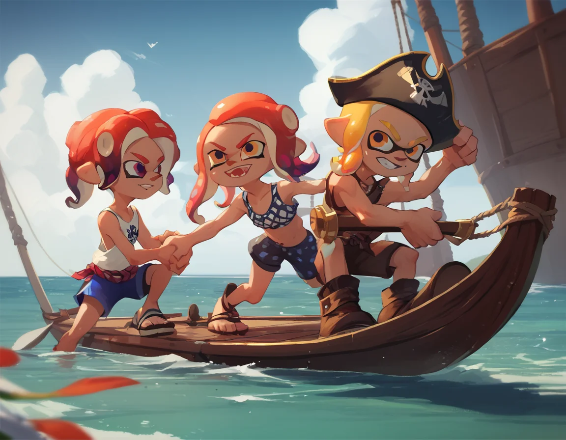score_9, score_8_up, score_7_up, score_6_up, score_5_up, score_4_up, inkling on canoe, octoling, pirate, summer fun, ship in background <lora:splatoonxl41-pdv6xl:1>