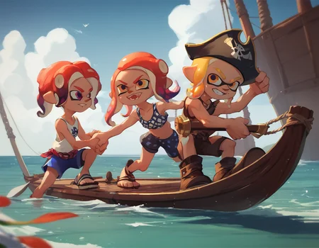 score_9, score_8_up, score_7_up, score_6_up, score_5_up, score_4_up, inkling on canoe, octoling, pirate, summer fun, ship in background <lora:splatoonxl41-pdv6xl:1>