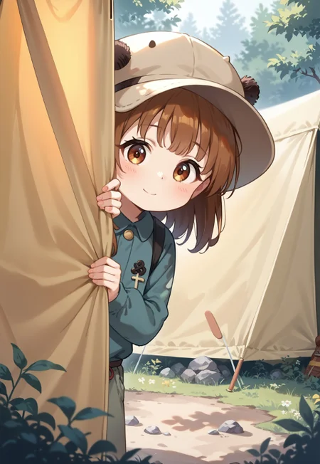 score_9, score_8_up, score_7_up, source_anime,(ultra HD quality details), anime, 1girl, cute hat, peeking outside of yellow tent, yellow tent, peeking out upper body, (detailed image, high resolution, 5k resolution:1.0), camping, nature, outside in the woods, morning light, basukechi_style