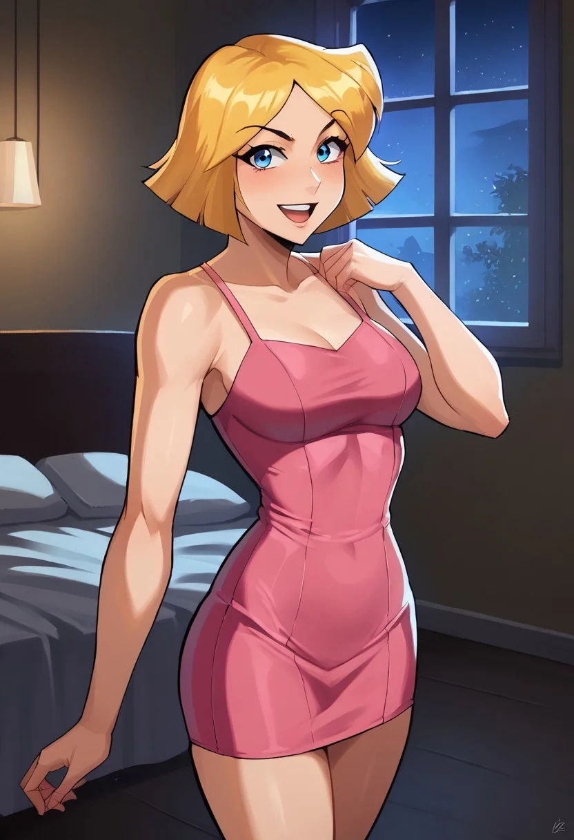 score_9, score_8_up, score_7_up, BREAK source_anime,1girl, clover \(totally spies\), blonde hair, short hair, blue eyes, looking at viewer, bare shoulders, medium breast, open mouth,<lora:brj-clover-ponyXL-v0.6:1>, a short pink bodycon dress, a pink spaghetti strap dress, sexy pose, smile, flirting, indoors, standing up, living room, night, window lighting, high res image, masterpiece, window lighting, 43stl1ght1ng, low light, dramatic lighting, cowboy shot, perfect eyes, perfect body