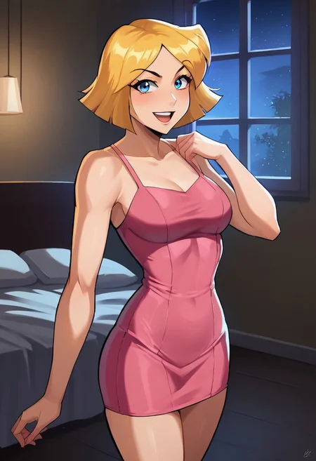 score_9, score_8_up, score_7_up, BREAK source_anime,1girl, clover \(totally spies\), blonde hair, short hair, blue eyes, looking at viewer, bare shoulders, medium breast, open mouth,<lora:brj-clover-ponyXL-v0.6:1>, a short pink bodycon dress, a pink spaghetti strap dress, sexy pose, smile, flirting, indoors, standing up, living room, night, window lighting, high res image, masterpiece, window lighting, 43stl1ght1ng, low light, dramatic lighting, cowboy shot, perfect eyes, perfect body
