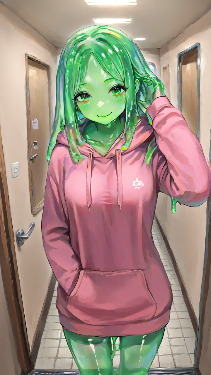 warashiz, masterpiece, best quality, amazing quality, very aesthetic, absurdres, newest, slime girl, green slime, detailed lighting, Exaggerated perspective, scenery, 1girl, looking at viewer, smile, leaning toward viewer, pink oversized hoodie,  apartment background, detailed background, 3/4 view, hand in hair, flirty, model posing