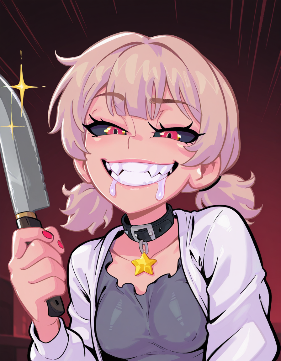 1girl, solo, upper body, black sclera, yellow eyes, crazed female, hysterical, short twintails, cut twintails, light brown hair, holding knife, knife in hand, pointy teeth, sharp teeth, mouth open, smile, red eyes, grey shirt, collar, white jacket, dynamic, drool, sparkle, star pendant, 
masterpiece,best quality,amazing quality, ,score_9_up, score_8_up,  score_7_up, score_6_up, score_5_up, score_4_up, , , , , <lora:KissClaw-Dddecadent_V2:1>