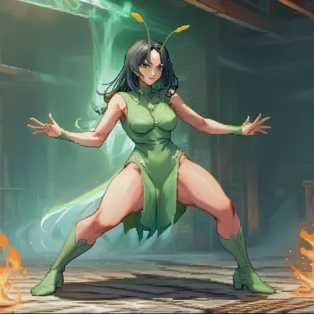 Horror Style 8K 2d pixel Masterpiece fighting game playing as 1 mantis woman fighting pose, extremely detailed enchantingly beautiful street fighter sprites, (extremely detailed facial features), amazing cinematic lighting, immensely epic and lush background stage, ultra beautiful extremely detailed graphics, gorgeous composition, breathtaking visuals, high resolution, clean, high detail, sf3 style, full body view, center frame, wide shot, <lora:sf3-style:1> , fighting video gameplay <lora:mantis v1a:1>
