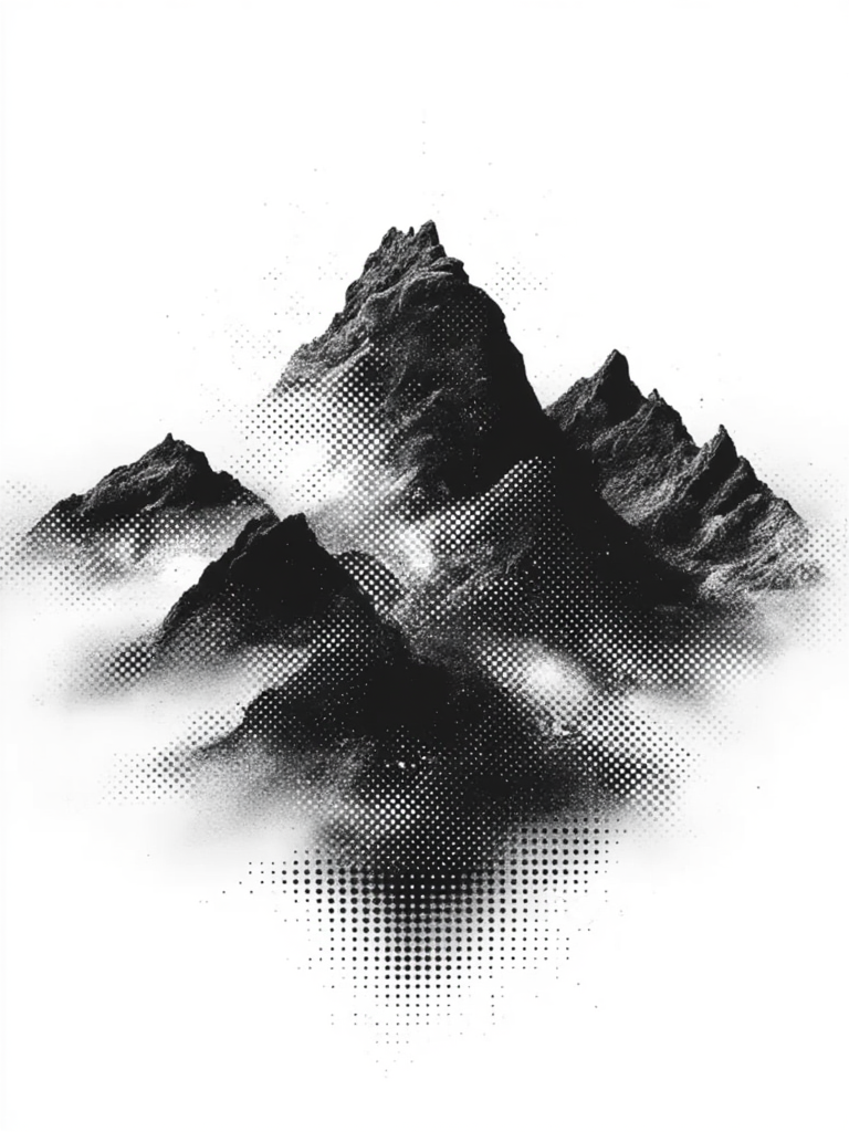 halftone_glitch, a black and white photo of a mountain range with a white backdrop. The mountains are depicted in a dotted pattern, giving the image a unique and artistic look.<lora:General Flux\darkdescent-halftone-glitch.safetensors:0.9:1.0>