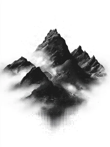 halftone_glitch, a black and white photo of a mountain range with a white backdrop. The mountains are depicted in a dotted pattern, giving the image a unique and artistic look.<lora:General Flux\darkdescent-halftone-glitch.safetensors:0.9:1.0>