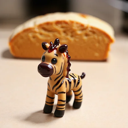 a tiny zebra with stripes made of gooey brown peanut butter and liquid grape jelly, standing, on a kitchen counter, loaf of bread in background blurry. the zebra has a hand-crafted look, with knifestrokes in it's fur