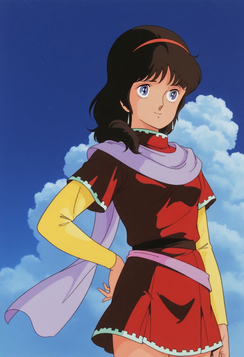 masterpiece, best quality, source_anime,official art,perfect_anatomy,1980s_\(style\),retro_artstyle,anna1999,1girl,blue eyes,brown hair,long hair,hairband,red dress,earrings,jewelry,scarf,looking_at_viewer,smile,cowboy shot,arms_behind_hip,day,blue_sky,cloud