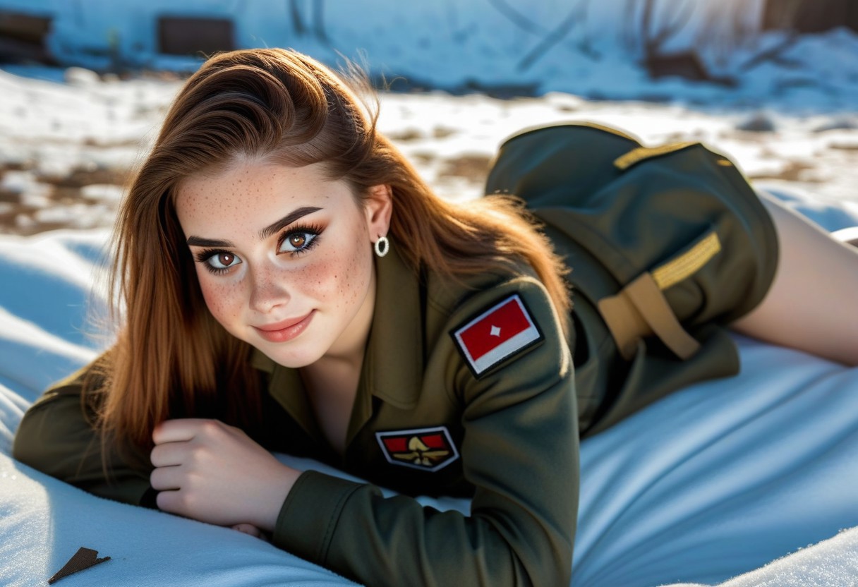 40% desaturated colours, realistic photo, photorealistic, 24yo busty M4L4K posing outdoor, various long hairstyles, freckles, perfect proportions, (big breasts), deep cleavage, wear uniform, winter season environment, (8k) (HDR)