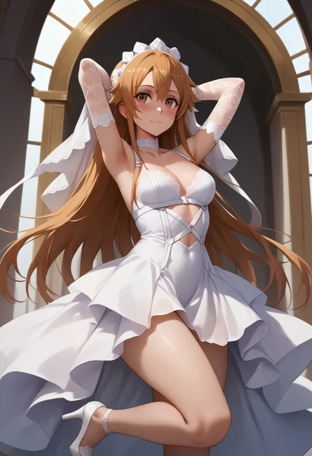 score_9, score_8_up, score_7_up, score_6_up, realistic, high resolution, highly detailed, Jedasna, orangebrown long hair, brown eyes, white outfit red details, reij-drsswhtrs, white harness dress, white long train, white platform heels, white lace gloves, white choker, sexy pose, blush, arms over head