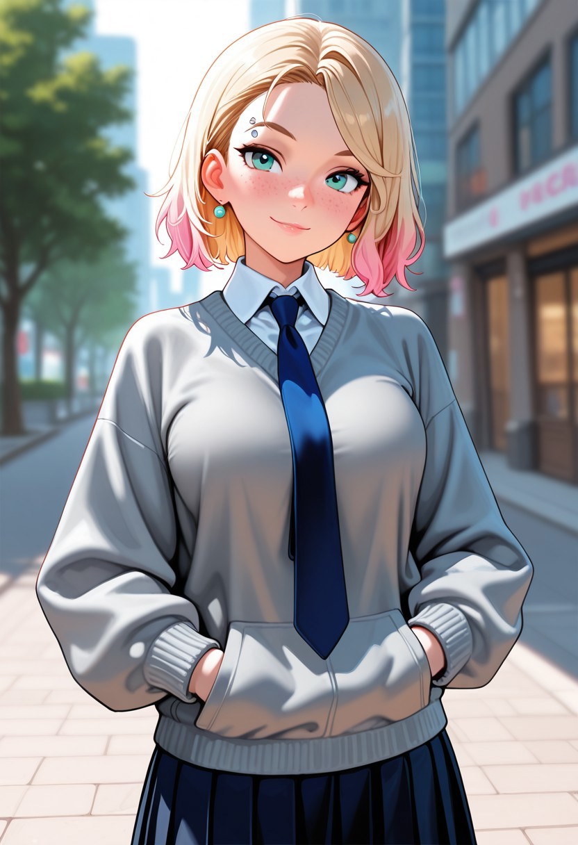 Score_9, Score_8_up, Score_7_up, Score_6_up, Score_5_up, Score_4_up, (masterpiece, best quality:1.2, very aesthetic, absurdres, amazing quality, very aesthetic, high resolution, ultra-detailed), soft_lighting, soft_skin_tone, blurry background, addmicrodetails, dutch angle, cowboy shot,  
BREAK
1girl, gwenstacyILL, medium breasts, eyebrow piercing, medium hair, blonde hair, freckles,  jewelry, earrings, multicolored hair, pink highlights, skirt, grey sweater, tie,
smile, hands on pockets, 
BREAK 
street, sidewalk,