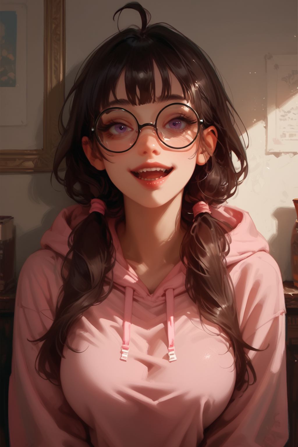 1girl, solo, glasses, brown hair, smile, hoodie, purple eyes, looking at viewer, ahoge, open mouth, hood, round eyewear, twintails, long hair, breasts, upper body, :d, black-framed eyewear, low twintails, large breasts, teeth, upper teeth only, long sleeves, pink hoodie, hood down, indoors,, zPDXL3, detailxl,  Score_PnyReal, (lineless:1.5)