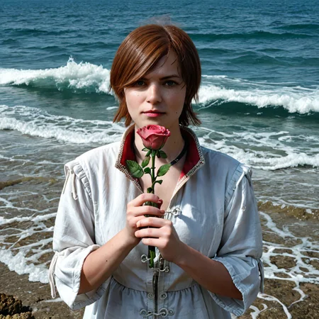 shani,
holding a rose in her hand,
looking at the ocean,
ocean in the background,
wide shot,
realistic photo,sfw, PG rated,
8k, uhd, best quality,
