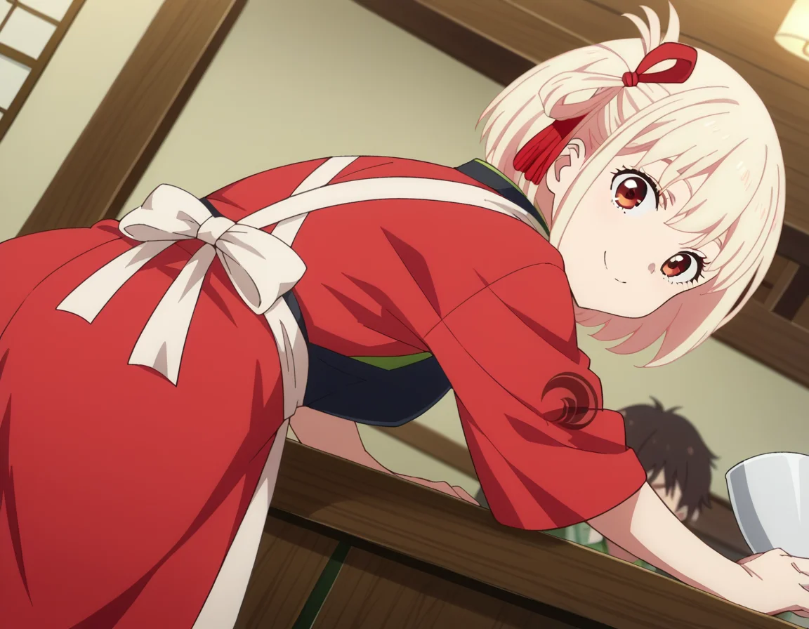 score_9, score_8_up, score_7_up, source_anime,
chisatonishikigi, <lora:chisato-nishikigi-s1-ponyxl-lora-nochekaiser:1>,
chisato nishikigi, short hair, bangs, blonde hair, red eyes, hair ribbon, one side up, bob cut,
japanese clothes, kimono, apron, red ribbon, waitress, red kimono,
indoors, smile, bent over,
looking at viewer, dutch angle, cowboy shot,