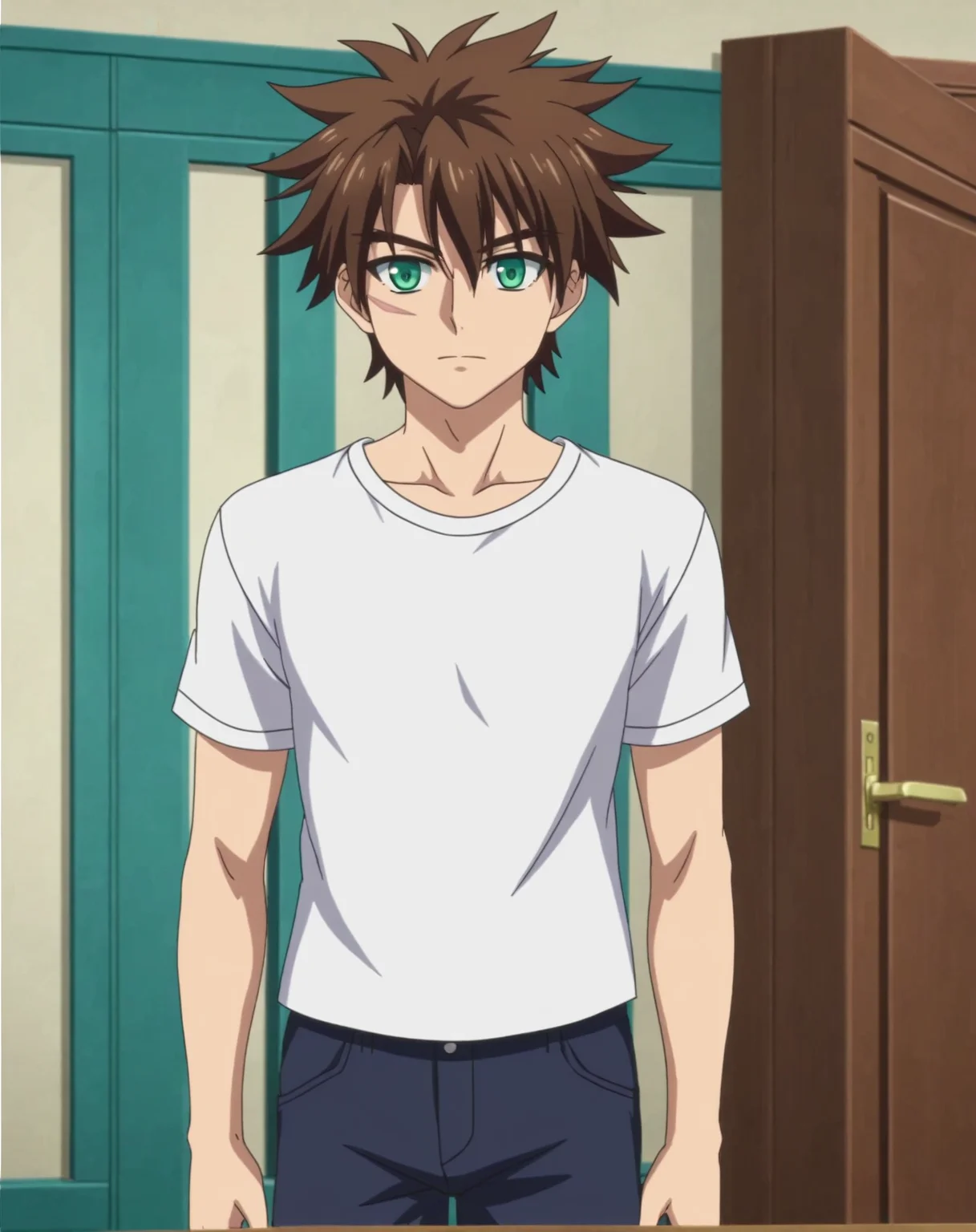 score_9, score_8_up, source_anime, anime screencap, original style, depth of field, BREAK, rating_safe, 1boy, solo, male focus, mature male,<lora:toujou_basara_pony:1>, toujou_basara_pony, brown hair, green eyes, short hair, hair between eyes, bangs, scar on cheek, spiked hair, cowboy shot, shorts, white shirt, expresionless, standing, looking at viewer, facing viewer, <lora:sdxl_lightning_8step_lora:1>