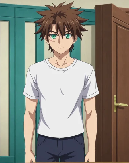 score_9, score_8_up, source_anime, anime screencap, original style, depth of field, BREAK, rating_safe, 1boy, solo, male focus, mature male,<lora:toujou_basara_pony:1>, toujou_basara_pony, brown hair, green eyes, short hair, hair between eyes, bangs, scar on cheek, spiked hair, cowboy shot, shorts, white shirt, expresionless, standing, looking at viewer, facing viewer, <lora:sdxl_lightning_8step_lora:1>
