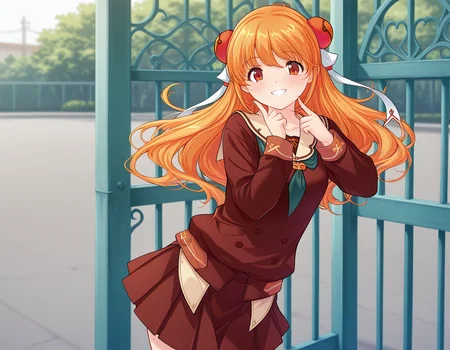 <lora:IL_manaval:1>,1girl,solo,ums_mn,Manana \(alicesoft\),bun cover,
vibrant school uniform,red and orange,outdoors,School gate,cowboy shot,finger to cheek,leaning to the side,smile,teeth showing,, <lora:wai-A3-V140:1>,, masterpiece,best quality,amazing quality,very aesthetic,absurdres,
