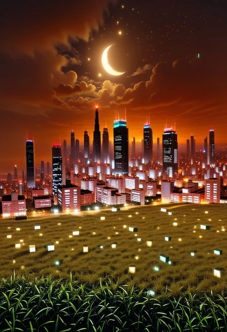 a huge hilly field covered with grass with partially clayey inclusions, green and brown boxes are visible very far away, also behind the hills narrow black skyscrapers with white windows with a yellowish tint are visible, green and brown boxes are visible far away, a dimly lit and dull black building with an orangish glow from sunset, you can see a small white bright advertisement with incomprehensible outlines, black skyscrapers with light yellow windows topped with metal structures standing right in the middle of the field reflect the light of the moon, in the distance you can see small two-story buildings with very small windows and a chimney, a little closer near the skyscrapers you can also see small two-story buildings buildings with very small windows and a chimney, not all skyscrapers are topped with metal structures, the sky on the horizon is from dark red to yellowish which sees off the departing sun, the moon is on the opposite side, the sky is soft blue topped by the moon on the opposite side of the sun, and a few stars, clouds light white very transparent barely visible,