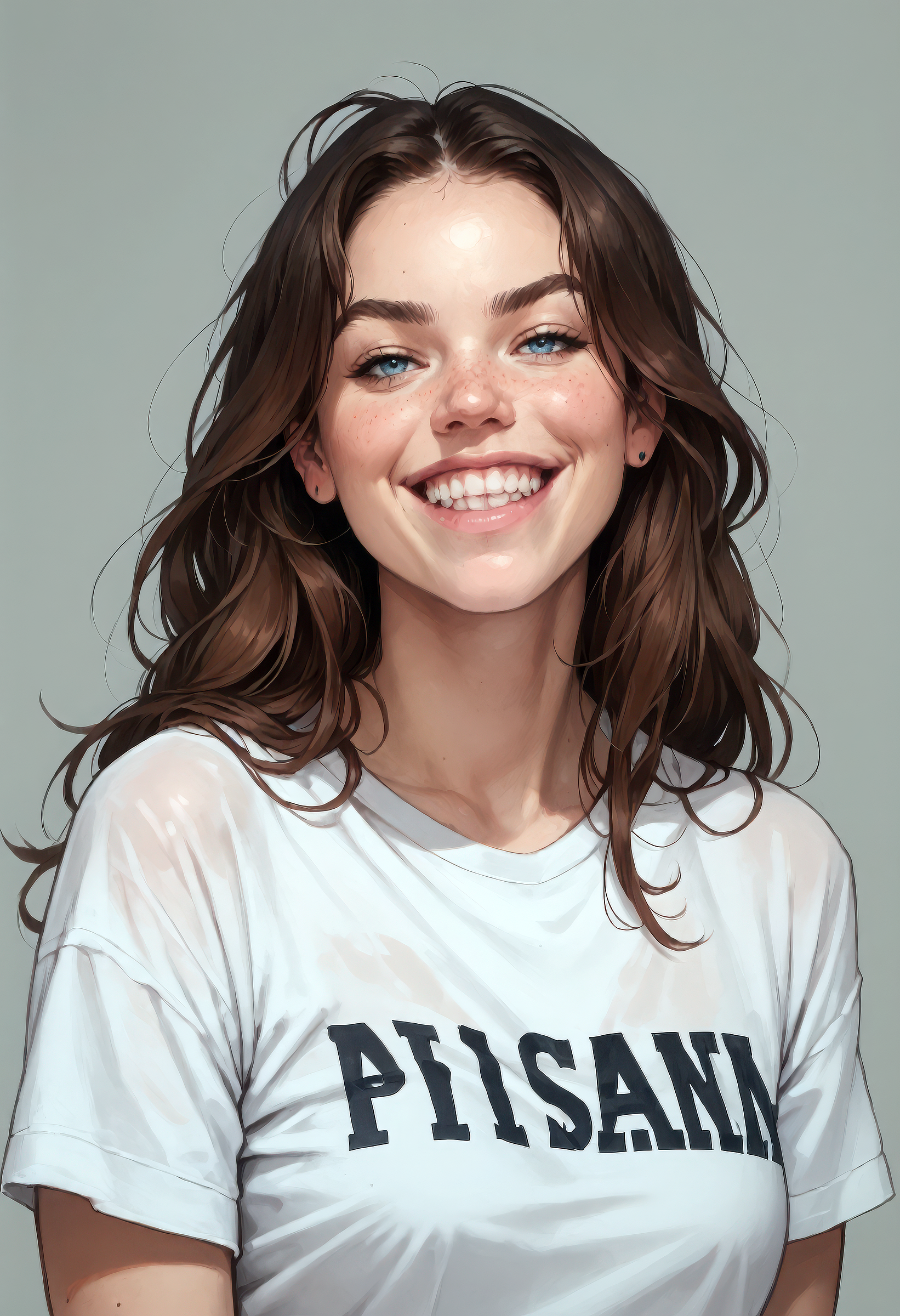 score_9, score_8_up, score_7_up, woman, long hair, t-shirt, grin, upper body <lora:pony_millyalc:0.9>