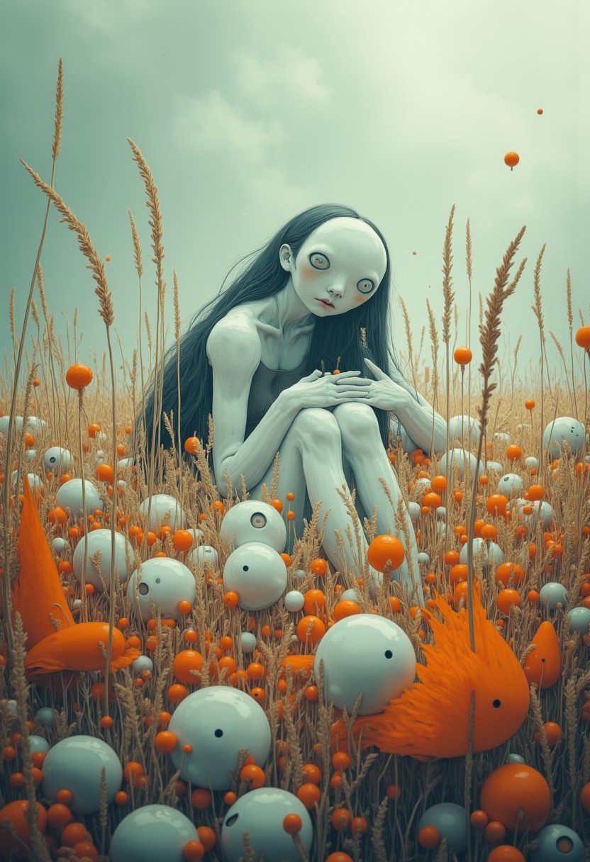 An enigmatic composition bathed in soft, diffused light, blending whispers of surrealism and melancholia. The scene unfolds in a cinematic atmosphere where subtle textures and delicate grains add depth, while the interplay of light and shadow enhances the quiet intensity of the moment. A subdued color palette merges with ethereal haze, evoking a dreamlike quality and timeless stillness. The central subject –A vast, sunlit field hosts the meeting of miniature creatures and grounded natural shapes. Smooth skin replaces the textured scales, while soft shadows embrace every interaction. Instead of dense mist or detachment, warmth and vibrancy unify the elements. The connection feels warm and fleeting, defined by the abundance of clarity and a shared vibrancy in the vivid scene.– is delicately framed, their presence balanced between mystery and intimacy. Surrounding elements, rich in symbolic undertones, anchor the narrative in an otherworldly context. Organic details like softly swaying flora or faintly glowing surfaces contrast with stark, haunting figures, creating a juxtaposition that is both poignant and surreal. The composition invites introspection, with negative space amplifying the mood's resonance. Every detail, from the atmospheric depth to the muted highlights, serves to craft an image that feels suspended in an emotional, poetic realm, steeped in quiet nostalgia. surreal style