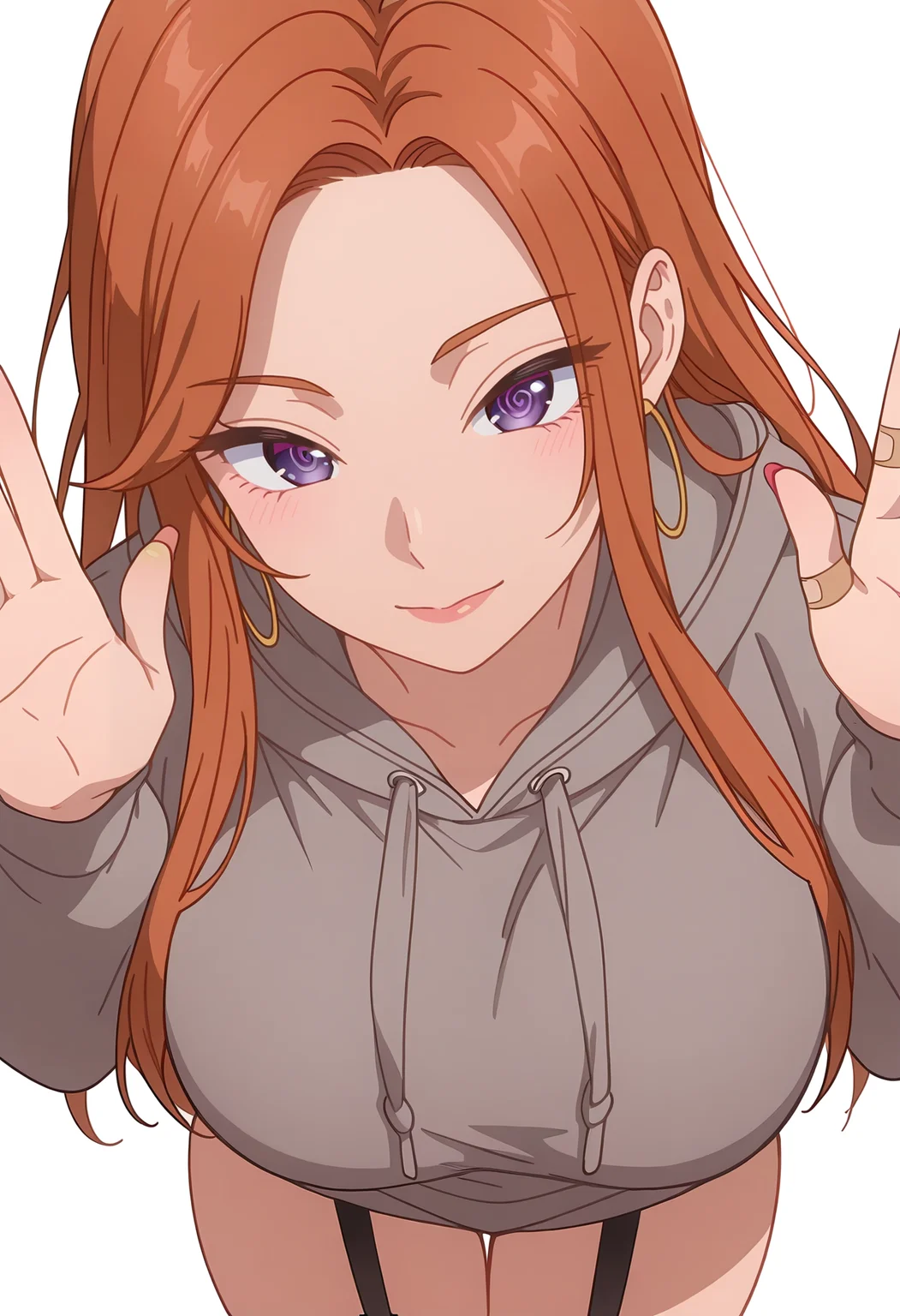 Smooth Quality,masterpiece,beautiful aesthetic, very intricate, high quality details, ultra realistic, high detailed skin,
simple background, white background,
from above,vulcan salute,@ @,
garter straps, ,zip-up hoodie, ,Bandaid on hand, <lora:Fuyuki_Maicnn:0.8> mai/cnn, 1girl, long hair, purple eyes, jewelry, hoop earrings, brown hair, orange hair, large breasts,