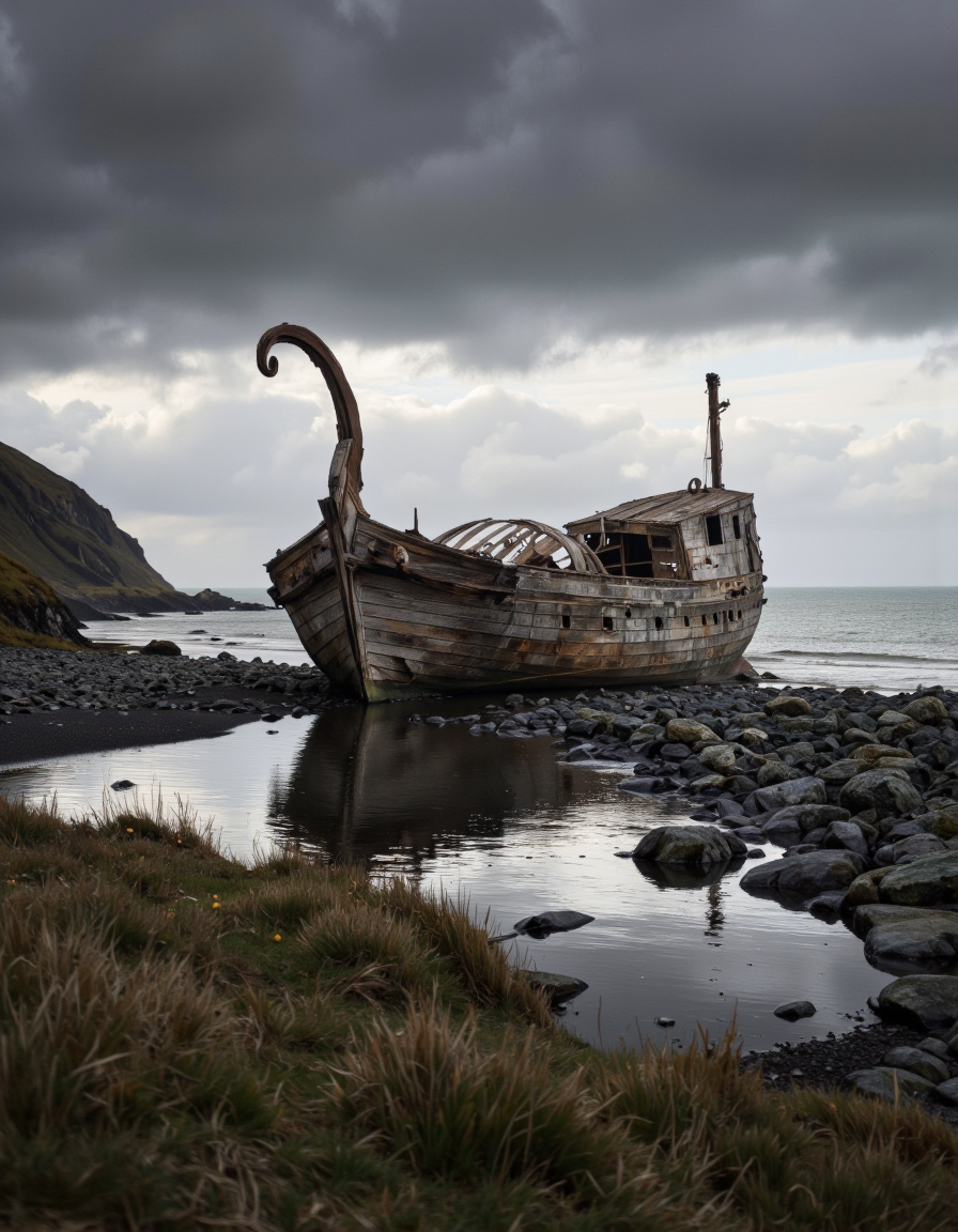 By Maria Isabel Ruiz. A photo-realistic shoot from a far camera angle about a wooden ship with a skeletal structure partially submerged in a small puddle on a grassy hillside under a cloudy sky. the image also shows a shipwreck on a rocky shore with grass and rocks in the foreground. on the right side of the image, a ship appears to be in a state of disrepair, with its wooden hull and skeletal structure completely submerged in the puddle. the ship has a long, curved spout and a single, curved nose, and the overall atmosphere is one of decay and decay. the sky is filled with dark, ominous clouds, adding to the moody atmosphere of the scene. the overall color palette is muted, with shades of grey and white dominating the image.