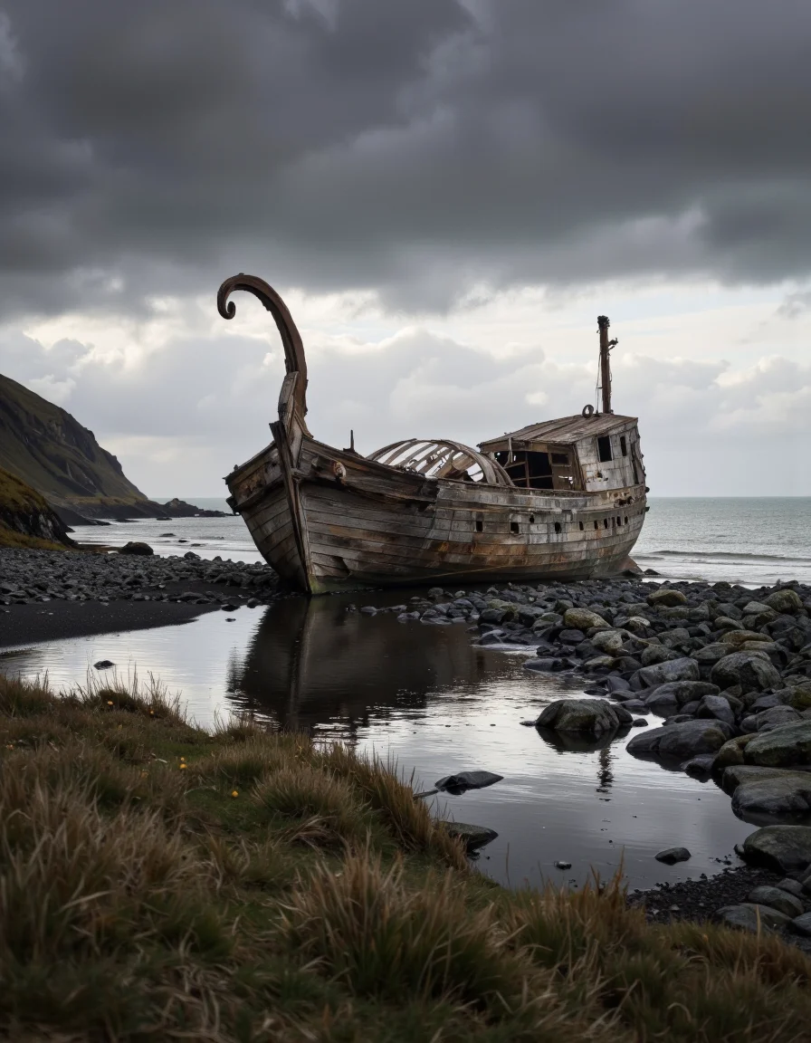 By Maria Isabel Ruiz. A photo-realistic shoot from a far camera angle about a wooden ship with a skeletal structure partially submerged in a small puddle on a grassy hillside under a cloudy sky. the image also shows a shipwreck on a rocky shore with grass and rocks in the foreground. on the right side of the image, a ship appears to be in a state of disrepair, with its wooden hull and skeletal structure completely submerged in the puddle. the ship has a long, curved spout and a single, curved nose, and the overall atmosphere is one of decay and decay. the sky is filled with dark, ominous clouds, adding to the moody atmosphere of the scene. the overall color palette is muted, with shades of grey and white dominating the image.