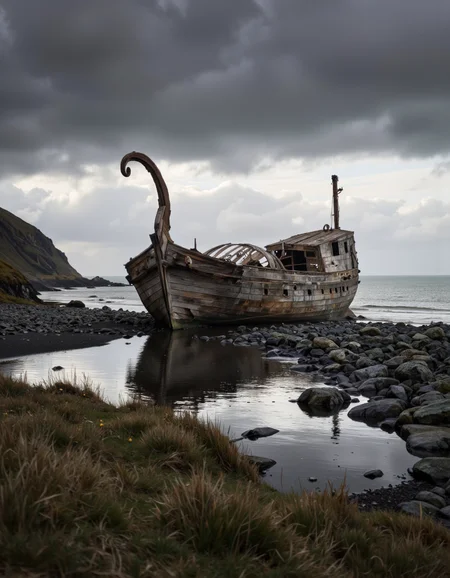 By Maria Isabel Ruiz. A photo-realistic shoot from a far camera angle about a wooden ship with a skeletal structure partially submerged in a small puddle on a grassy hillside under a cloudy sky. the image also shows a shipwreck on a rocky shore with grass and rocks in the foreground. on the right side of the image, a ship appears to be in a state of disrepair, with its wooden hull and skeletal structure completely submerged in the puddle. the ship has a long, curved spout and a single, curved nose, and the overall atmosphere is one of decay and decay. the sky is filled with dark, ominous clouds, adding to the moody atmosphere of the scene. the overall color palette is muted, with shades of grey and white dominating the image.