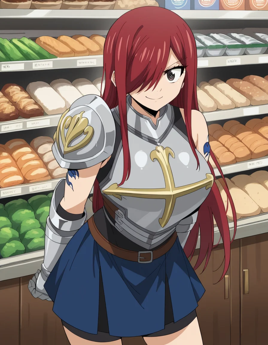 score_9, score_8_up, score_7_up, source_anime, <lora:erza-scarlet-100yq-ponyxl-lora-nochekaiser:1>, erza scarlet, long hair, red hair, hair between eyes, brown eyes, large breasts,, armor, hair over one eye, tattoo, shoulder armor, skirt, breastplate, gauntlets, blue skirt,, grocery store, cashier, shopping bag, scanning items, small talk, everyday routine, smile, , hands behind back, bent over,, solo,, dutch angle,