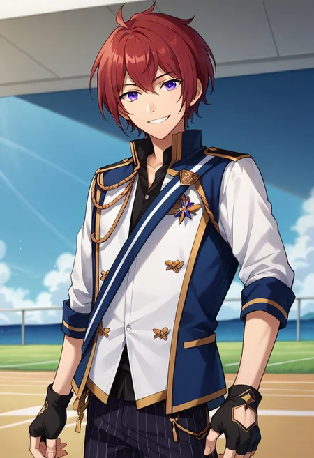 score_9, score_8_up, score_7_up, source_anime, highly detailed,
tsukasasuou, 1boy, male focus, solo, gloves, purple eyes, red hair, black gloves,
striped, smile, fingerless gloves, looking at viewer, striped pants,
pants, knights uniform, upper body
indoor, stage