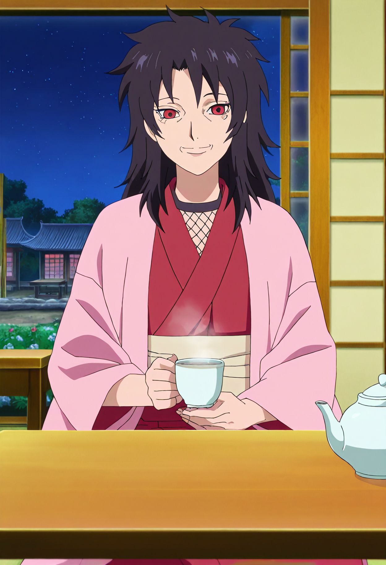 <lora:yuuhi_kurenai_v1b_pny:1> yuuhi_kurenai, solo, 1girl, black hair, long hair, red eyes, japanese clothes, red kimono, pink haori, beige obi, fishnet top, old woman, smile, indoors, sitting, holding cup, teapot, table, steam, window, garden, night sky, japanese architecture, source_anime, anime screencap