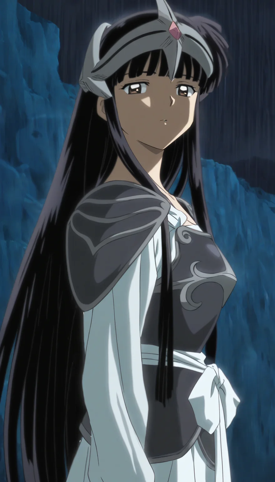 masterpiece,best quality,amazing quality,
<lora:kikyoNAI:1>,k1ky0,
1girl,solo,black hair,bangs,long hair,brown eyes,headpiece,white robe,shoulder armor,breastplate,white waist ribbon,upper body,looking at viewer,outdoors,night,rain,cliff,soft lighting,
