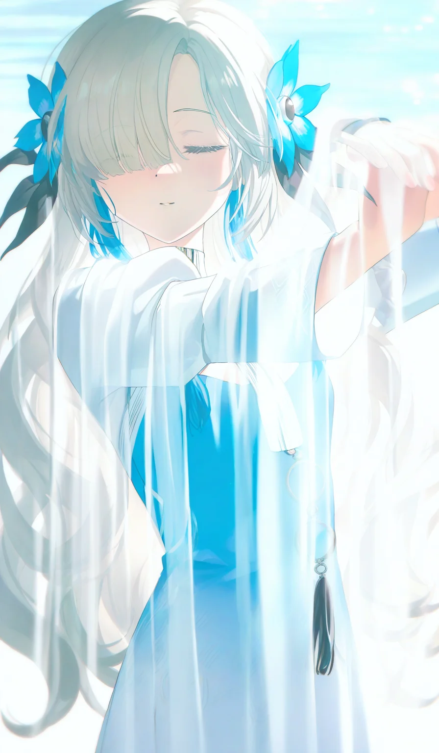 <lora:konya666 (5):1>,highres,absurdres,newest,very awa,masterpiece,best quality,year 2024,
\,
SenSen,isekai joucho,1girl,solo,virtual youtuber,blue dress,long hair,closed eyes,dress,multicolored hair,blue hair,hair flower,hair ornament,white dress,long sleeves,flower,two-tone hair,hair over one eye,grey hair,very long hair,two-tone dress,blue flower,upper body,white hair,white background,parted lips,closed mouth,gradient dress,cowboy shot,