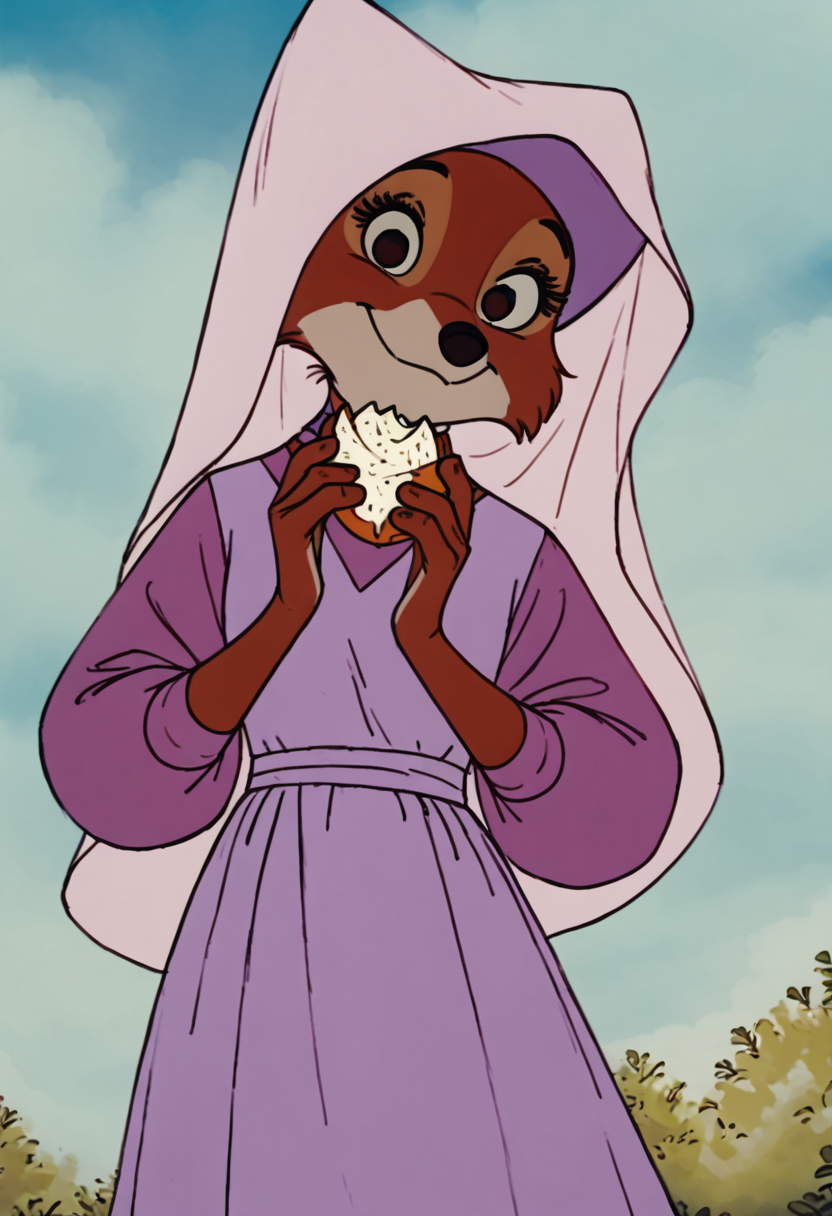masterpiece, best quality,    <lora:MaidMarianDisney_IXL:1.0>,   zzMarian, brown eyes, furry female, body fur, two-tone fur, orange fur, white fur,   smile, long sleeves, hat, dress, holding, closed mouth, standing, outdoors, food, sky, day, cloud, black eyes, blue sky, hands up, parody, holding food, pink dress, purple dress, retro artstyle, snout  smile, looking at viewer,