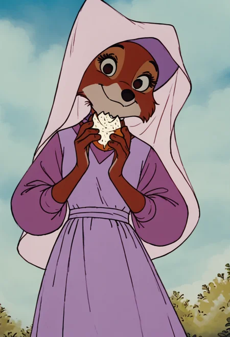 masterpiece, best quality,    <lora:MaidMarianDisney_IXL:1.0>,   zzMarian, brown eyes, furry female, body fur, two-tone fur, orange fur, white fur,   smile, long sleeves, hat, dress, holding, closed mouth, standing, outdoors, food, sky, day, cloud, black eyes, blue sky, hands up, parody, holding food, pink dress, purple dress, retro artstyle, snout  smile, looking at viewer,
