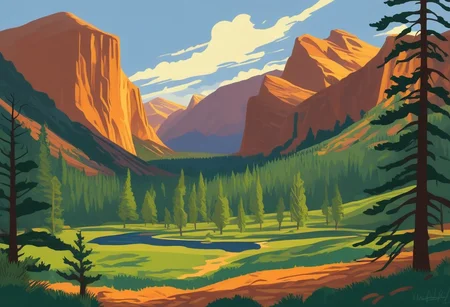 Silkscreen, ((WPA style)), (national parks style), vivid natural colors, limited color palette, painting,