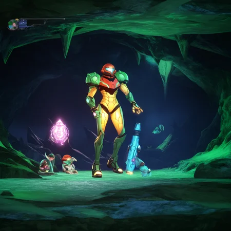 1girl,samus aran,helmet,metroid,science fiction,cavern,<lora:BloodstainedRitualoftheNightStyle_illustrious:1>,rotnstyle,fake screenshot,3d,wide shot,gameplay mechanics,masterpiece,newest,