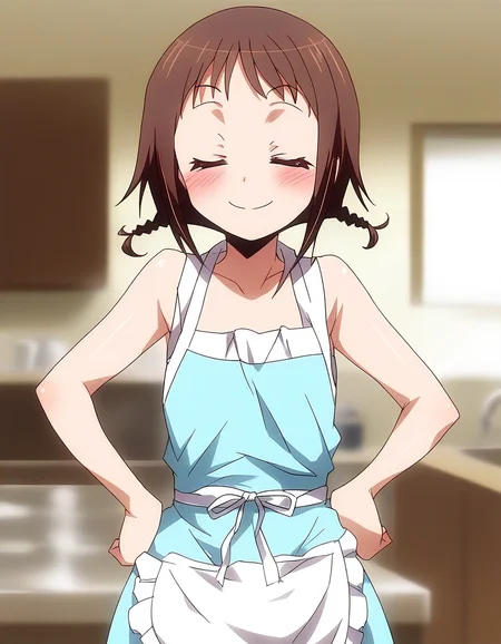 score_9, score_8_up, score_7_up, source_anime, rating_explicit, BREAK <lora:Wakana_Misato_XL:1> Wakana_Misato, brown hair, short hair, twin braids, brown eyes,
solo, closed eyes, hands on hips, apron, blush, smile, indoors, bare shoulders,
home in the room,
